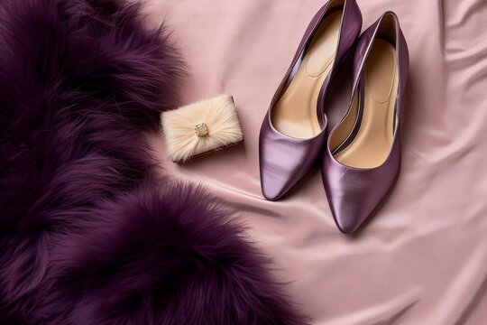Elegant high heels, clutch, and fur creating a luxurious fashion statement on pink silk