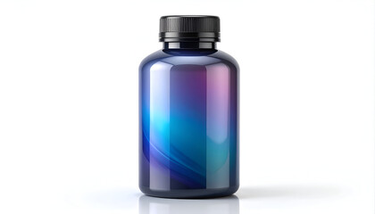 Fototapeta premium Sleek iridescent bottle with black cap; modern product shot for health beauty or science packaging in blue purple and black