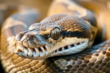 Obraz premium Close up of a carpet python, showcasing its intricate scale pattern, sharp fangs, and flickering tongue