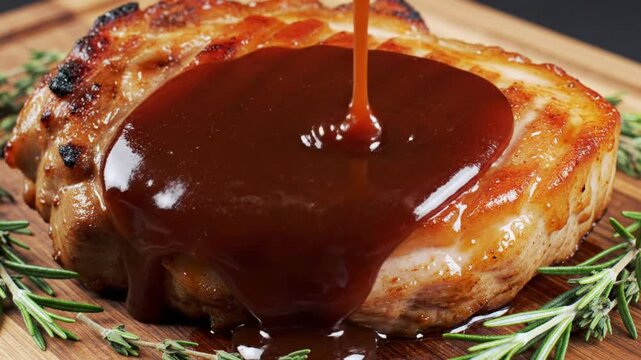 Delicious Juicy Pork Chop With Brown Sauce, Close Up Shot of Gourmet Meal Being Drizzled