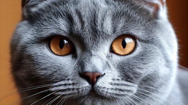 Grey scottish fold cat face shown close up, her expression unchanging through a video sequence for pet portrait or animal behavior