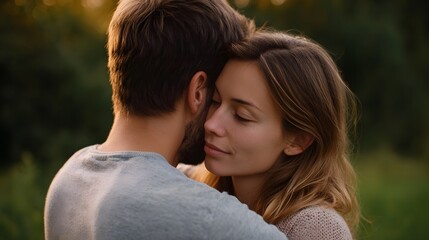 Fototapeta premium A couple shares an intimate embrace outdoors during the warm glow of golden hour
