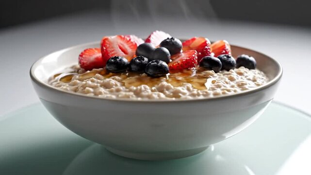 Steaming bowl of oatmeal with fresh strawberries and blueberries drizzled with honey for a healthy breakfast