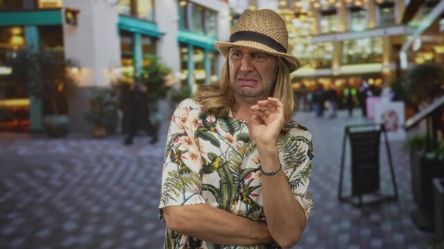 Blond man wearing straw hat and tropical shirt stands with crossed arms and hand on chin in street; disgust frustration.