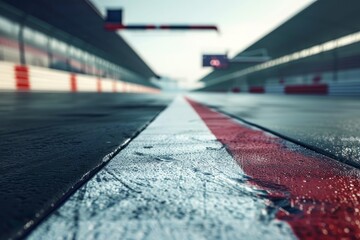 Close up view of a wet asphalt racing track with red and white lines leading to the finish line, illuminated by sunlight