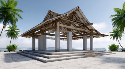 Obraz premium Tropical Pavilion Constructed from Teak and Limestone Surrounded by Palm Trees