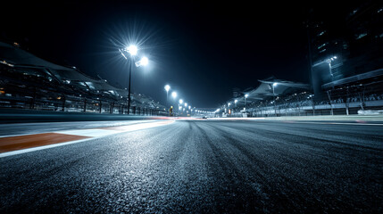 Nighttime view of a wet Formula 1 race track illuminated by bright stadium lights with motion blur.