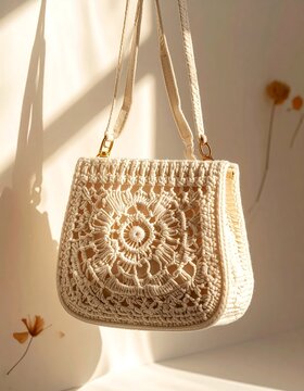 A cream-colored crocheted bag hangs from a shoulder strap against a white background with flowers