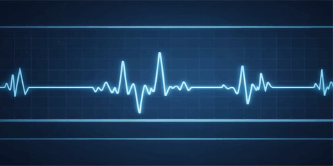 A medical blue healthcare monitor displays a healthy heartbeat pulse rate through a digital electrocardiogram EKG wave line and cardiology graph illustration on a hospital life technology chart