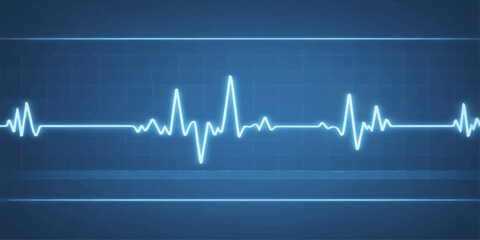 A blue medical digital monitor displays a healthy heartbeat pulse rate through a glowing electrocardiogram wave line on an EKG cardiogram chart representing cardiology technology and life
