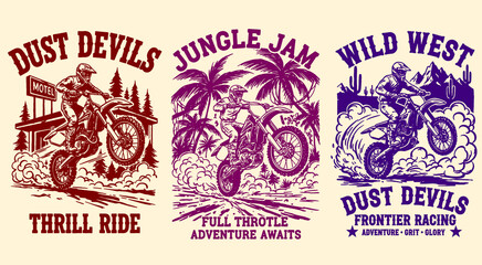 Motocross racing print designs for t-shirt, poster, sticker. Extreme off-road adventure. Legend race, road speed graphic, full throttle club artwork. © Tri