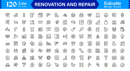 Professional Renovation And Repair Line Icon Set Featuring Modern Minimalist Design With Editable Pixel-Perfect Vector Icons For Construction And Home Improvement