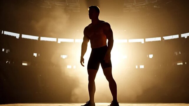 Cinematic silhouette of a muscular athlete in a smoky stadium. Great for fitness motivation, gym promos, sports intro sequences, or workout ads.
