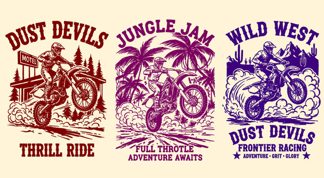 Motocross racing print designs for t-shirt, poster, sticker. Extreme off-road adventure. Legend race, road speed graphic, full throttle club artwork.
