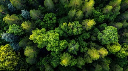 A top view of a lush green forest in spring or summer, filled with vibrant trees and dense foliage forming a rich natural canopy.  