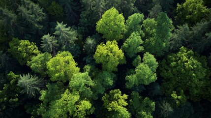 A top view of a lush green forest in spring or summer, filled with vibrant trees and dense foliage forming a rich natural canopy.  