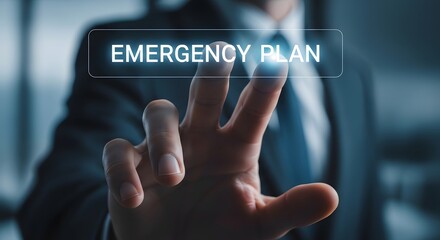 Businessman's Finger Activating an Emergency Plan Button on a Digital Interface for Crisis Management.