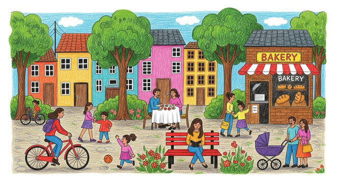 Colorful Hand-Drawn Illustration of a Vibrant Neighborhood Street with People Biking, Dining, and Relaxing in a Town Square