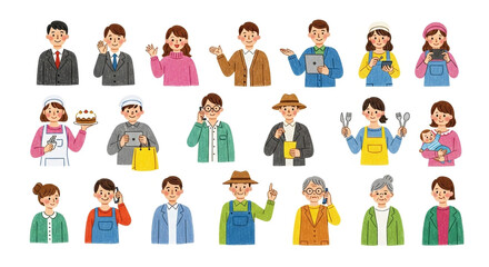 Fototapeta premium Set of Hand-Drawn People Avatars Representing Diverse Occupations, Ages, and Lifestyles, Including Business, Family, and Farming