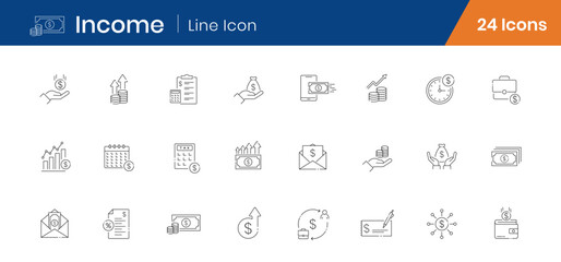 Income and Revenue Outline Icons Set of 24. Earnings, Profit, Salary Linear Editable Stroke Icons Vector