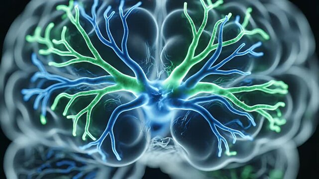 Detailed Microscopic View of Neural Network Activity in the Human Brain With Glowing Blue and Green Neurons and Blood Vessels
