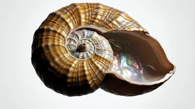 Detailed Nautilus Shell Cross Section Macro View Showing Spiral Structure and Iridescent Interior Lighting Highlighting Natural Geometry
