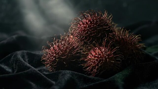 fruit with spikes. A close-up view of several rambutan fruits resting on a dark, velvety surface, illuminated by soft light that enhances their vibrant red exterior and unique hair-like spikes