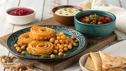 Traditional Bangladeshi Iftar plate with jilapi, chola, dates, and pitha on rustic wooden tray