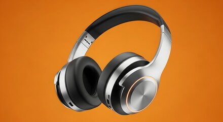 Naklejka premium Headphones floating in mid-air against vibrant orange background