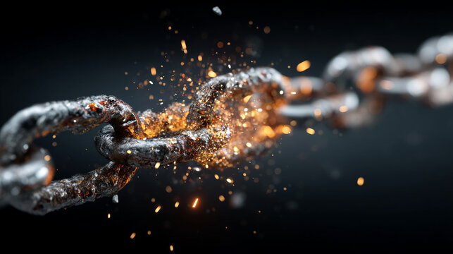 Dramatic close-up of a metal chain fragmenting with fiery orange sparks exploding outwards against a dark, moody background, representing a critical moment of breakdown or breakthrough.