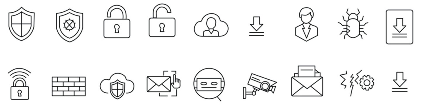Internet security and protection outline icons. Shield, lock, firewall, secure cloud and network safety vector icon pack