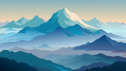 A high mountain ridge partially covered with soft natural fog layers distant peaks fading into mist create atmospheric depth open sky above clean minimal vector illustration flat design