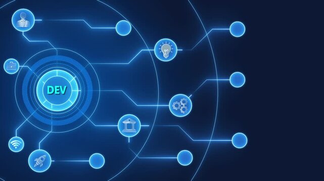 D E V development concept with and connections on blue background technology and innovation software