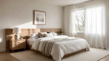 Fototapeta premium Cozy minimalist bedroom with wooden furniture and large window.