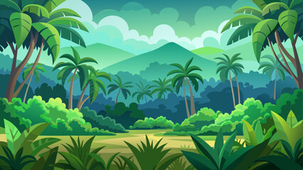 Fototapeta premium Dense tropical rainforest forming a natural edge against open ground layered green foliage creates depth under clear sky clean minimal vector illustration flat design uncluttered composition