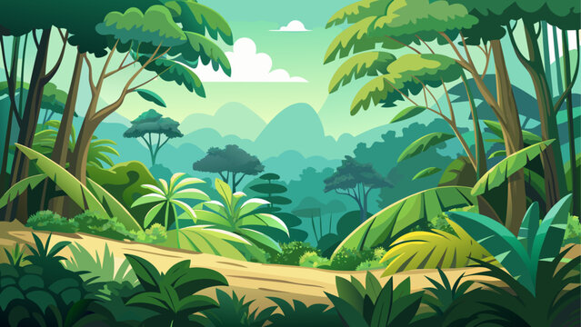 Dense tropical rainforest forming a natural edge against open ground layered green foliage creates depth under clear sky clean minimal vector illustration flat design uncluttered composition