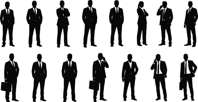 Business professionals, figures of men in suits, some carrying briefcases or posing with folded arms. Corporate design, branding, and illustrating teamwork concepts. 