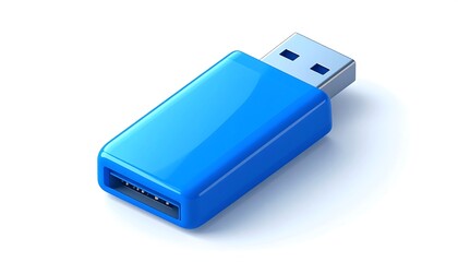 Blue USB Flash Drive on White Background.