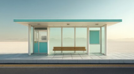 Modern minimalist bus stop shelter with turquoise roof and glass walls stands serenely in an expansive, remote, and empty desert landscape.