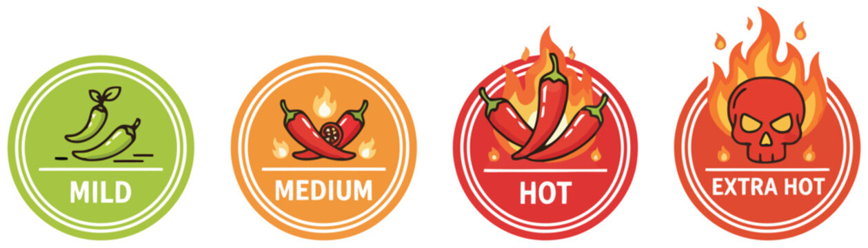 Spicy food heat level icons set chili pepper labels for mild medium hot extra hot flavor and cuisine rating symbols