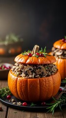 Roasted whole pumpkin stuffed with wild rice and mushrooms garnished with cranberries and rosemary for thanksgiving dinner and autumn serving