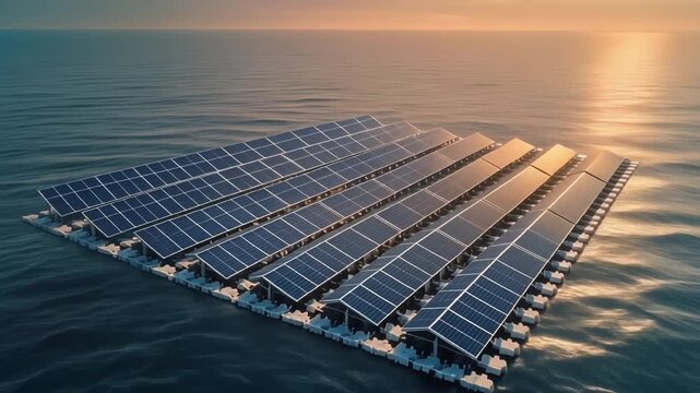Floating Solar Panels Harnessing Renewable Energy on the Ocean Surface at Sunset