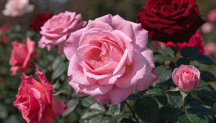 Beautiful pink roses in a lush garden with vibrant blooms