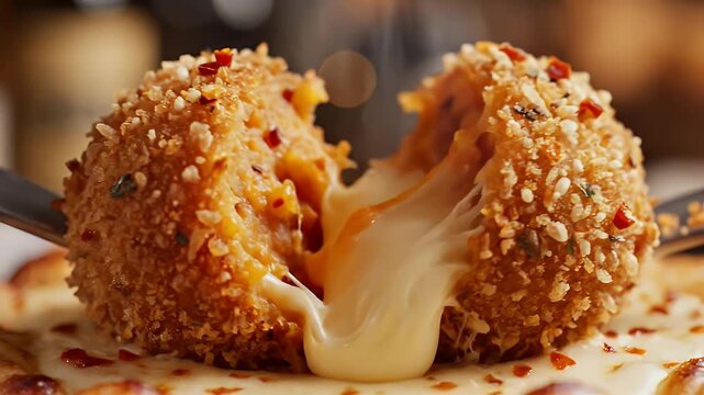 Irresistible Spicy Mashed Potato Croquette with Melted Cheese Filling Extreme Close Up Macro Shot Revealing Gooey Texture Perfect Appetizer Food