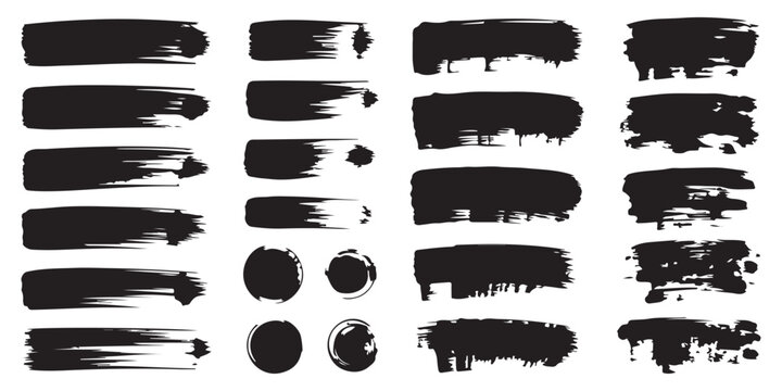 Set of black paint brush strokes for text or background on white, collection of vector ink spots and grunge lines
