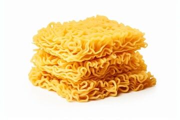 Fototapeta premium Stack of three blocks of dry yellow quick cooking instant ramen noodles
