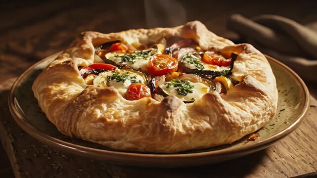 Rotating Rustic Roasted Vegetable Galette With Golden Flaky Pastry Crust And Fresh Herbs On A Textured Plate With Warm Lighting And Wood Background