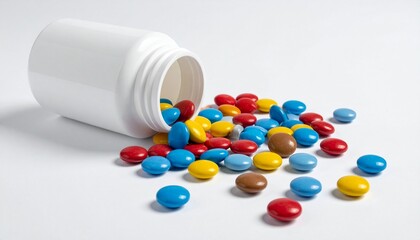 A tipped white plastic bottle spilling colorful candy-like pills, symbolizing the blurred line between medicine and sweets&hellip;