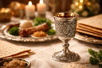 Fototapeta premium Silver cup featuring grapevine motifs positioned on a beautifully arranged table with matzah, candles, and various traditional foods for a festive occasion