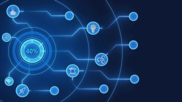 Business Technology Concept with Infographic and 75 Percent Growth Rate on Dark Blue Background with Glowing Neon Lines and Representing Various Aspects of Business and Innovation
